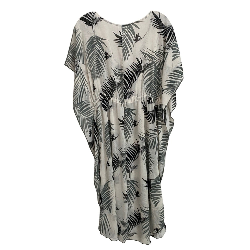 Kona Sol Womens Palm Leaf Kaftan Swim Cover Up V-Neck Drawstring Black White - S - Picture 10 of 12